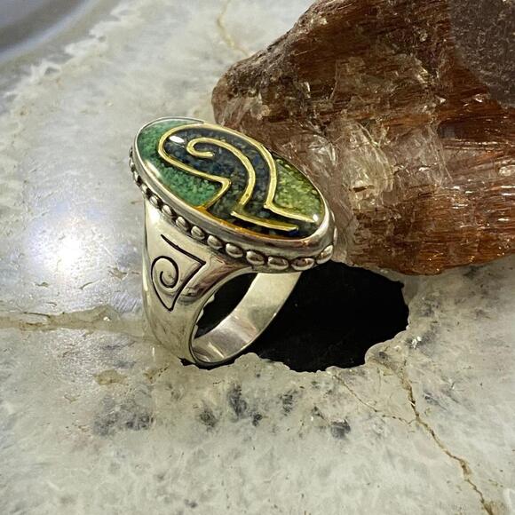 Carolyn Pollack Sterling Green Turquoise & Lapis Chip Inlay Oval Ring For Women - Picture 3 of 10